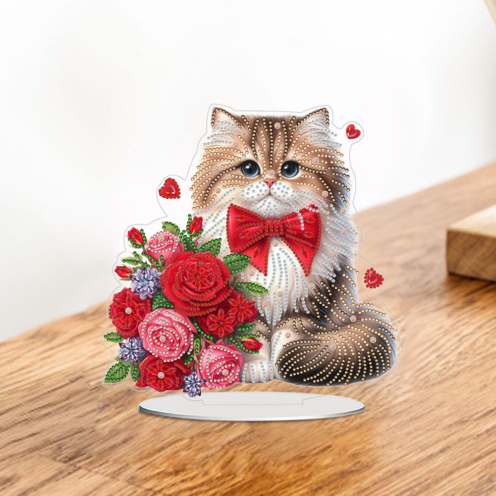 Acrylic Special Shaped Cat Rose DIY Desktop Diamond Painting Art Kits for Home
