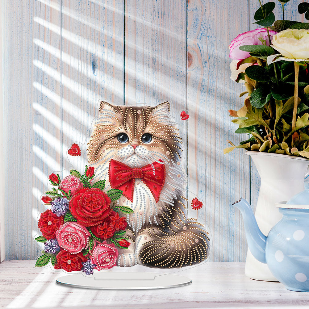 Acrylic Special Shaped Cat Rose DIY Desktop Diamond Painting Art Kits for Home