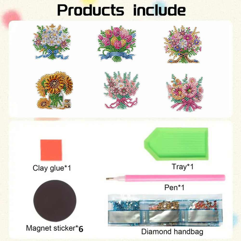 6Pcs Bouquet Diamond Art Fridge Magnet DIY Fridge Stickers for Car Mailbox Decor
