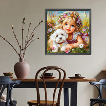 Load image into Gallery viewer, Diamond Painting - Full Round - White Dog Wreath Girl (40*40CM)