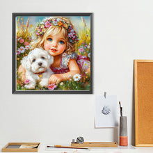 Load image into Gallery viewer, Diamond Painting - Full Round - White Dog Wreath Girl (40*40CM)