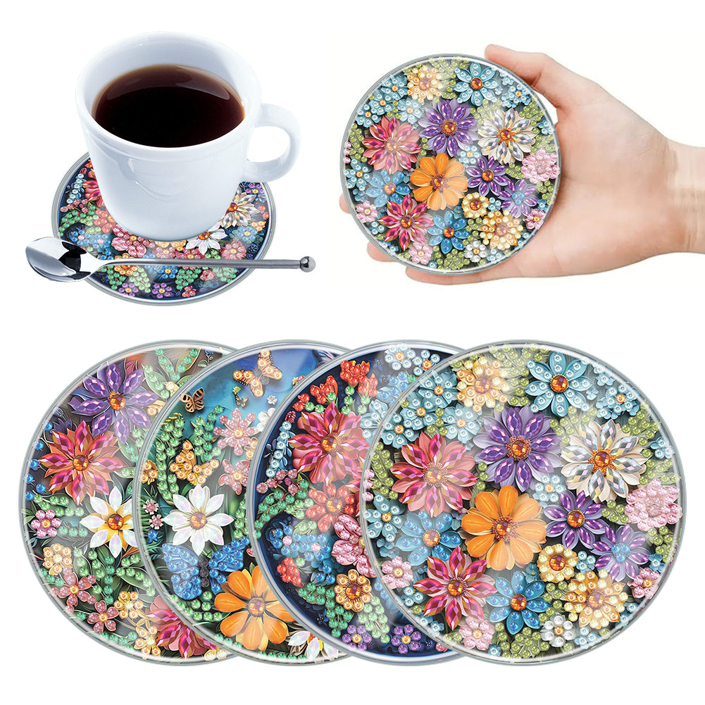 4Pcs Acrylic Special Shape Flower DIY Waterproof Diamond Painting Coaster