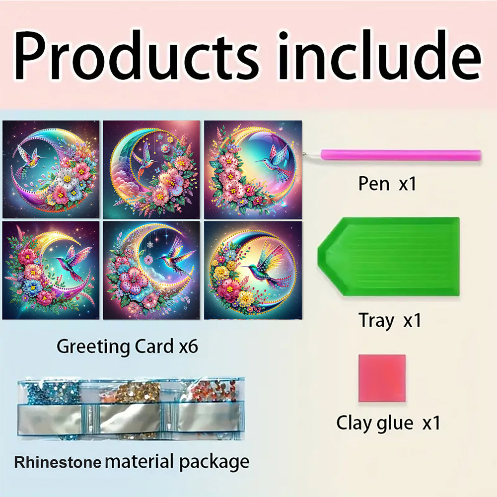 6Pcs Hummingbird DIY Diamond Painting Greeting Card for Holiday Party Favors
