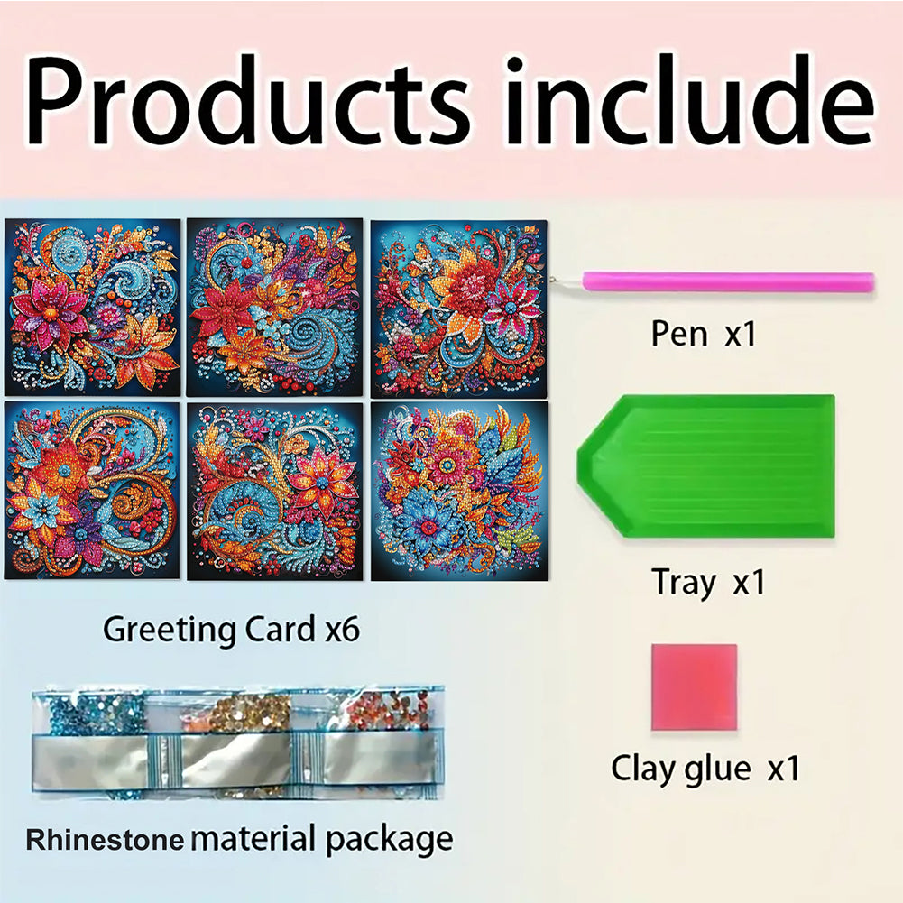 6Pcs Flower DIY Diamond Painting Greeting Card for Holiday Party Favors