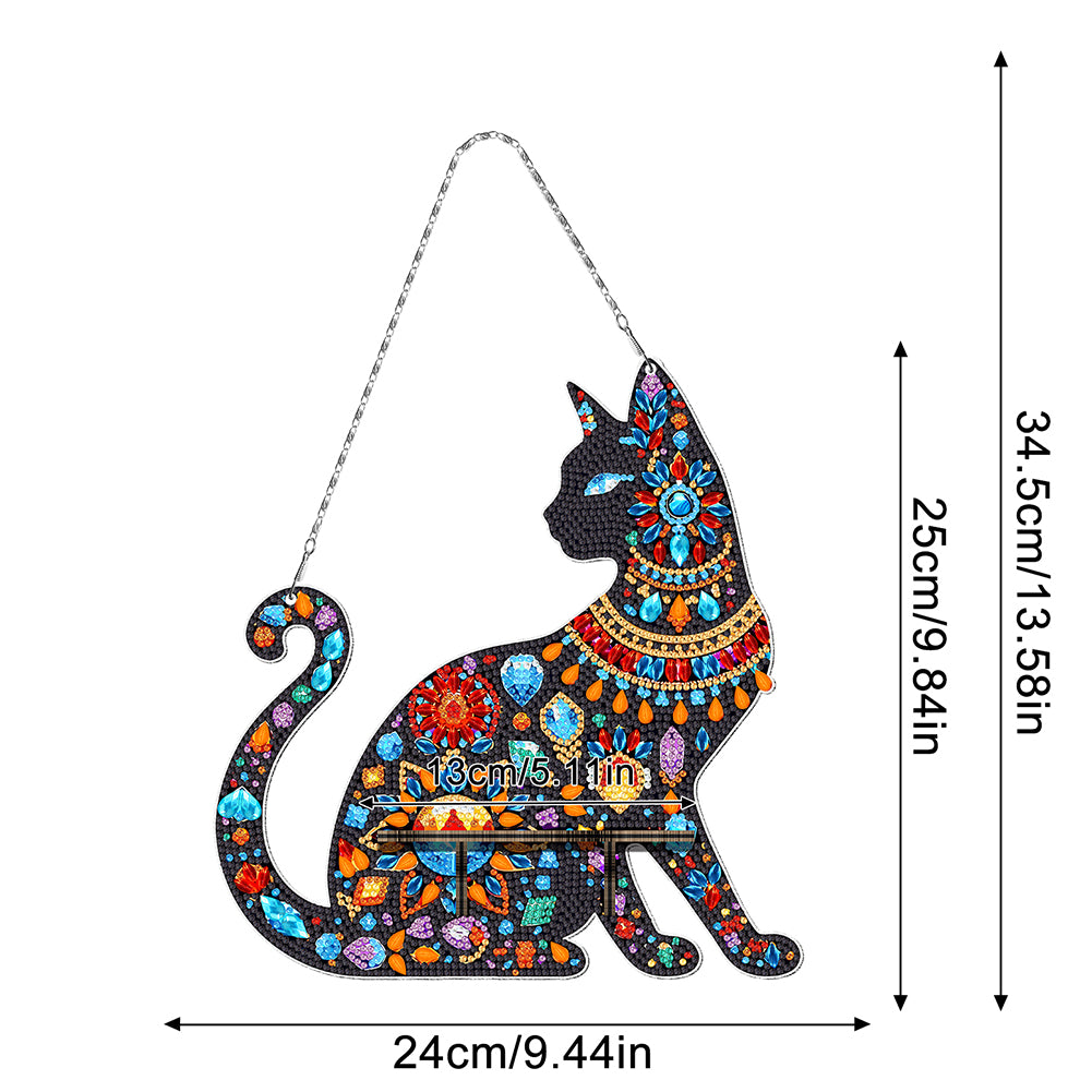 Gemstone Black Cat Diamond Painting Ornaments with Shelf for Garden Window Decor