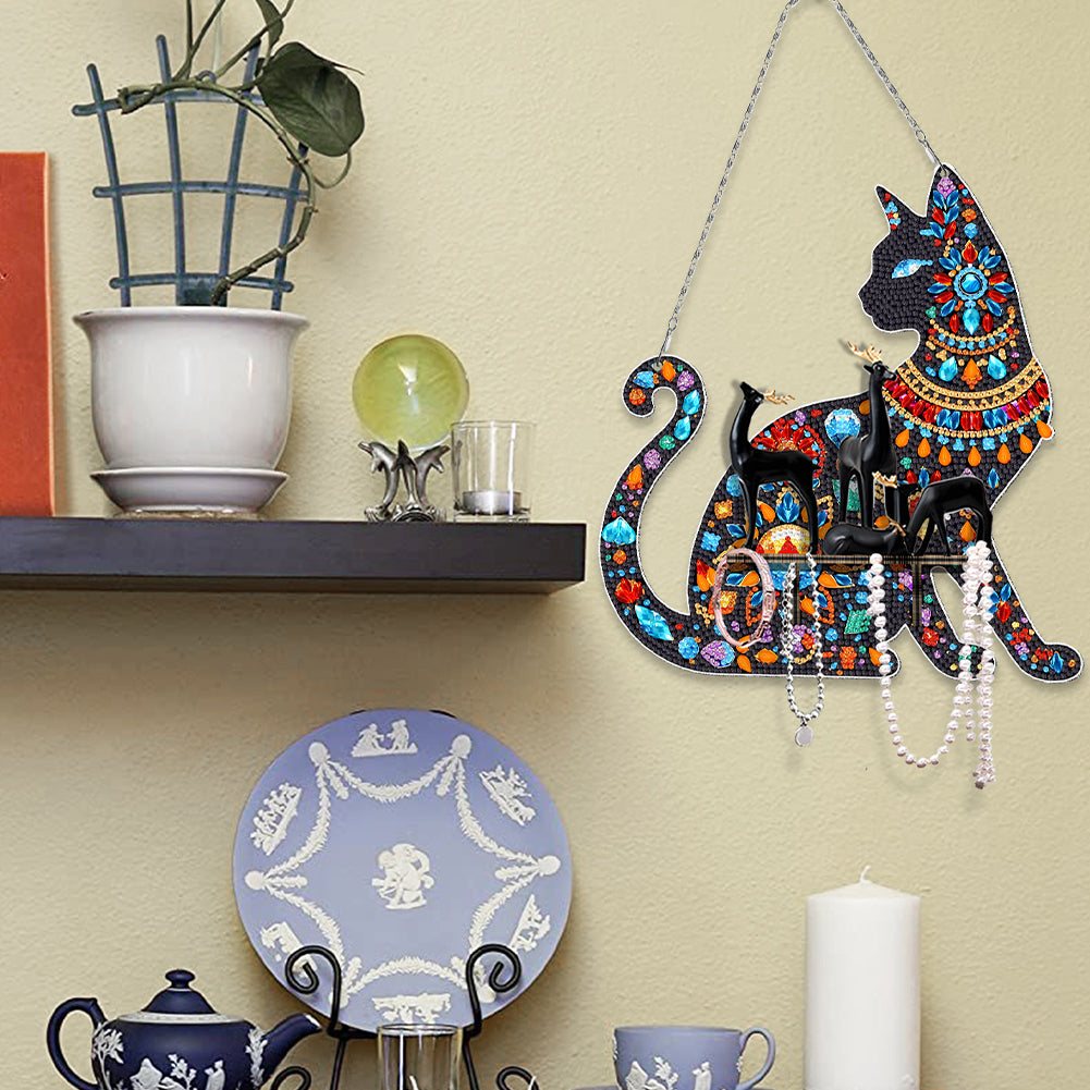 Gemstone Black Cat Diamond Painting Ornaments with Shelf for Garden Window Decor