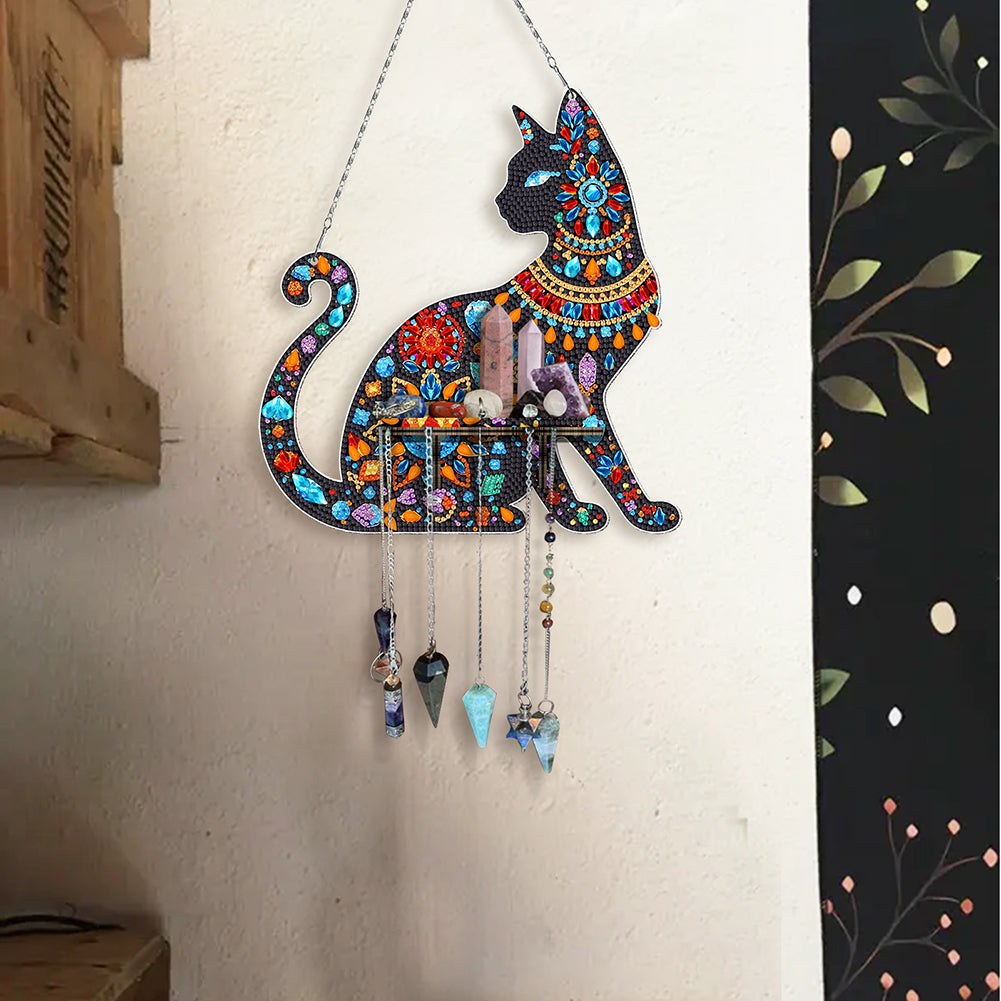 Gemstone Black Cat Diamond Painting Ornaments with Shelf for Garden Window Decor