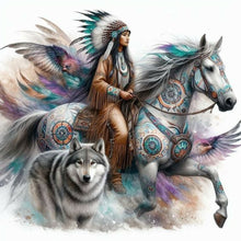 Load image into Gallery viewer, Diamond Painting - Full Round - Indian woman wolf and horse (40*40CM)