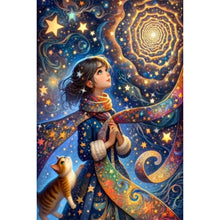 Load image into Gallery viewer, AB Diamond Painting - Full Round - Girl and cat under the starry sky (40*60CM)