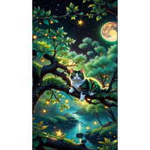 Load image into Gallery viewer, Diamond Painting - Full Round - Green cat on tree branch under moon (40*70CM)
