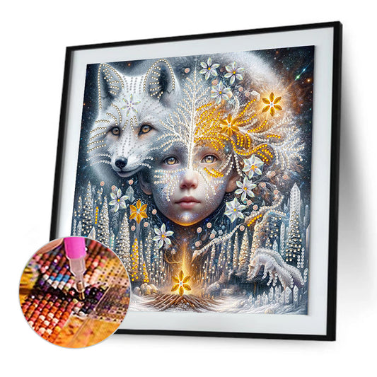 Diamond Painting - Full Round - Children's white fox tree of life (30*30CM)