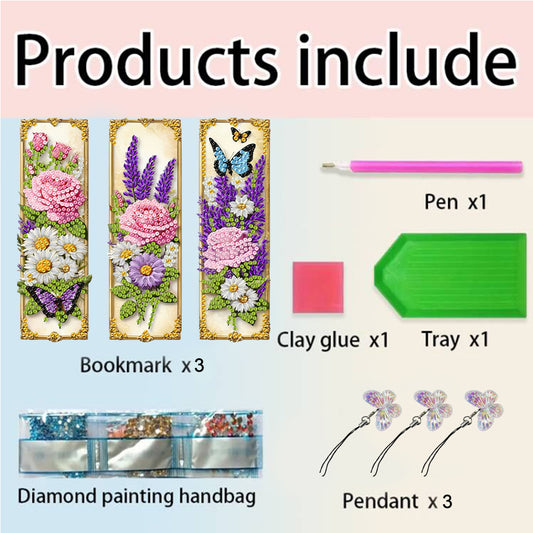 3Pcs Special Shaped Colorful Flower 5D DIY Diamond Art Book Mark for Home Office
