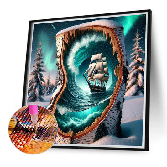 Diamond Painting - Full Round - Snowy Night Aurora Waves Sailboat (40*40CM)