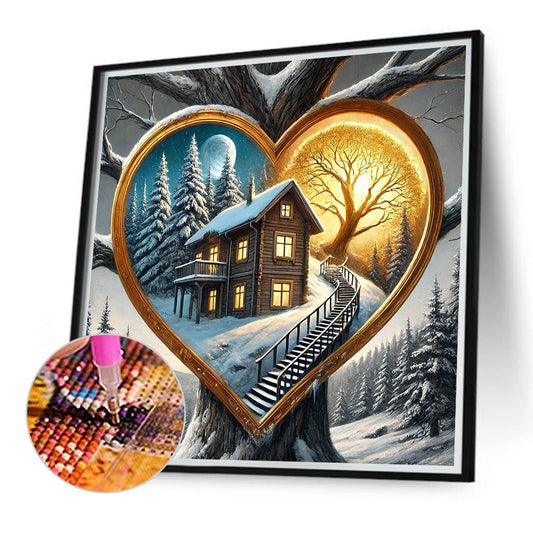 Diamond Painting - Full Round - Heart Tree Hole Snowy Night House (40*40CM)
