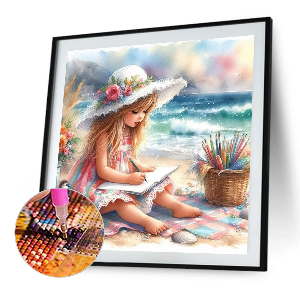 Diamond Painting - Full Square - Little Girl Playing On The Beach In Summer (30*30CM)