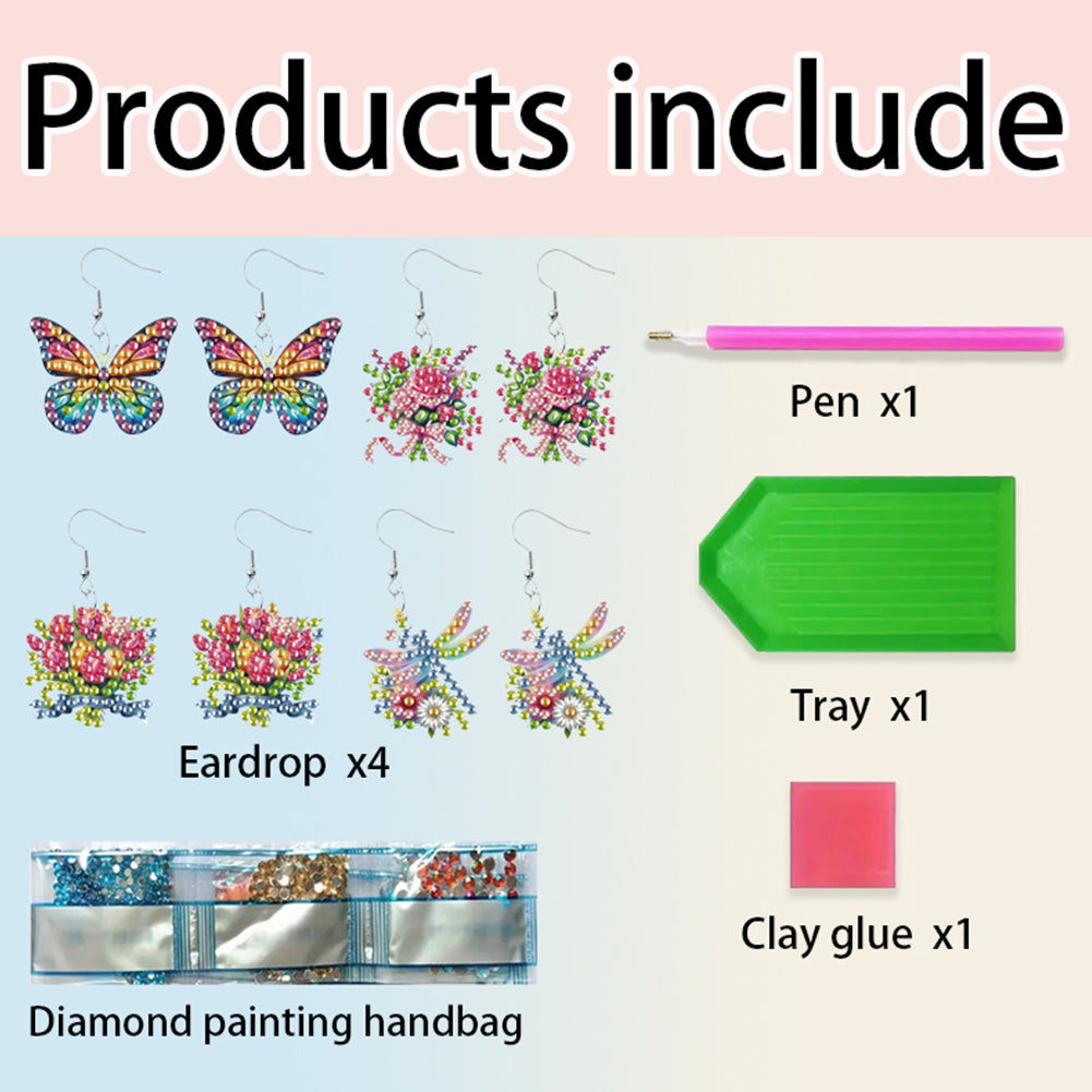 4 Pairs Double Sided Exquisite Pattern Diamond Painting Earrings for Women Girls