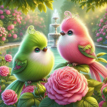Load image into Gallery viewer, Diamond Painting - Full Round - Fountain Flower Forest Green Pink Twin Birds (40*40CM)