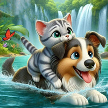 Load image into Gallery viewer, Diamond Painting - Full Round - Cat And Puppy Swimming In The Lake (30*30CM)