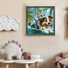Load image into Gallery viewer, Diamond Painting - Full Round - Cat And Puppy Swimming In The Lake (30*30CM)