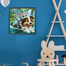 Load image into Gallery viewer, Diamond Painting - Full Round - Cat And Puppy Swimming In The Lake (30*30CM)