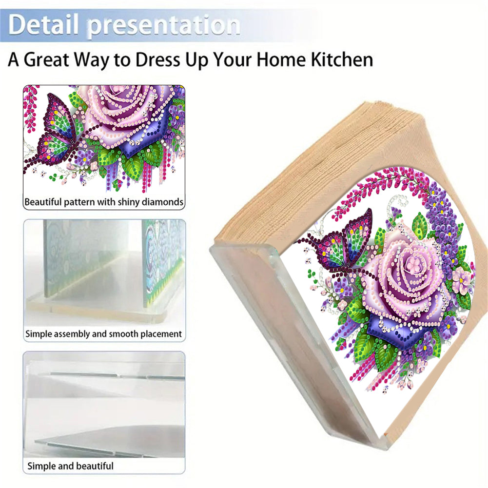 Acrylic Flowers Butterfly Diamond Painting Napkin Holder Ornament for Art Crafts