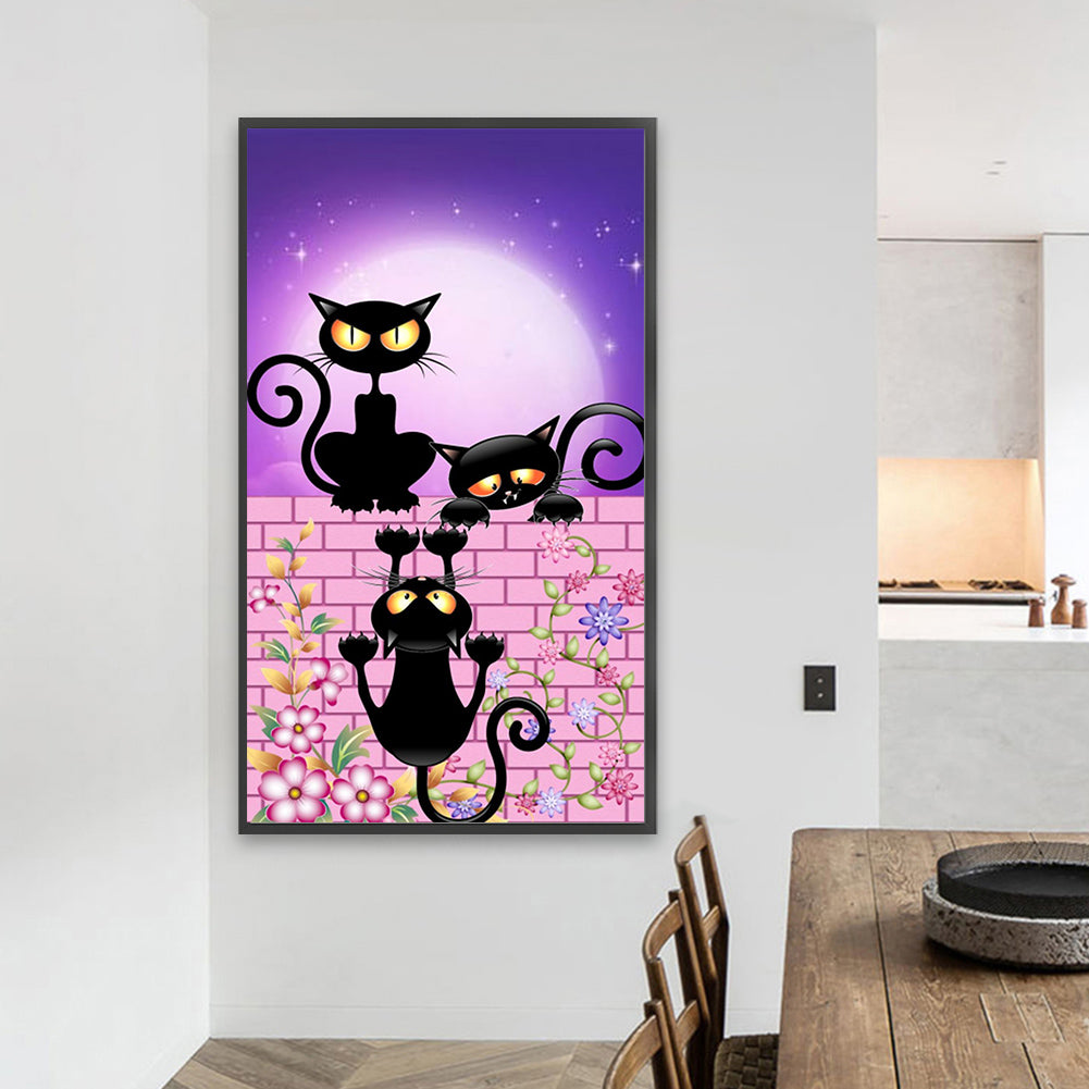 AB Diamond Painting - Full Round - Little Black Cats On The Wall Under The Moon (40*70CM)