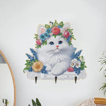 Load image into Gallery viewer, Wooden White Cat DIY Diamond Art Craft Wall Hooks A Row of 3 Hooks for Beginners