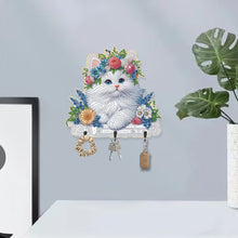 Load image into Gallery viewer, Wooden White Cat DIY Diamond Art Craft Wall Hooks A Row of 3 Hooks for Beginners