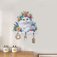 Load image into Gallery viewer, Wooden White Cat DIY Diamond Art Craft Wall Hooks A Row of 3 Hooks for Beginners