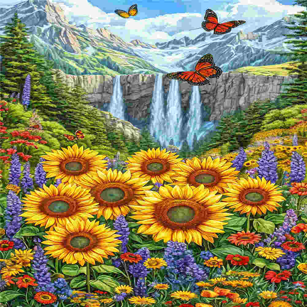 Diamond Painting - Full Round - Waterfall And Flowers (40*70CM)
