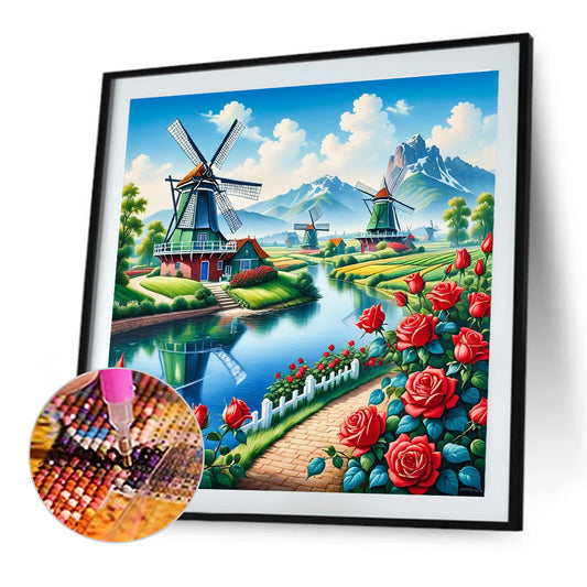 Diamond Painting - Full Round - Windmill And Flowers (50*50CM)