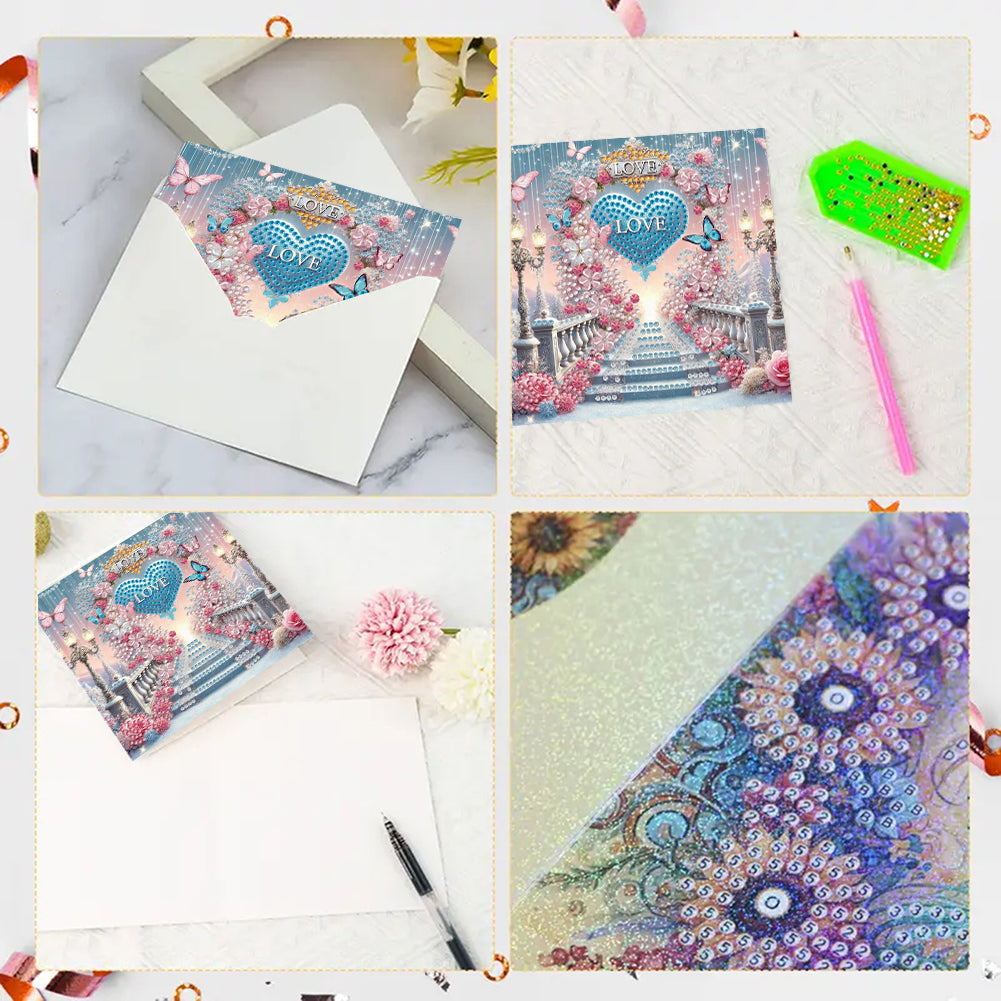 6Pcs Flower Heart Diamond Handmade Card Diamond Painting Greeting Card