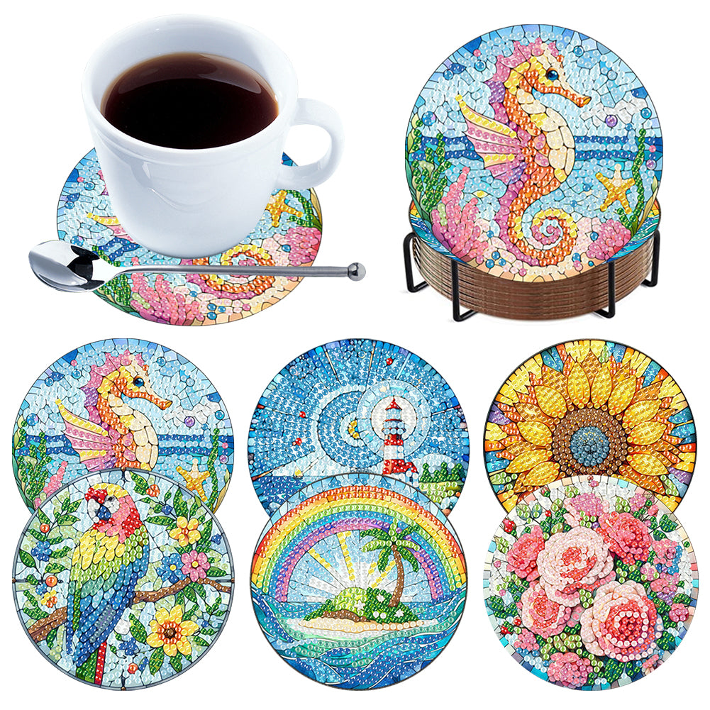 6 Pcs DIY Diamond Painting Coasters Kits with Holder DIY Diamond Art Coaster Set