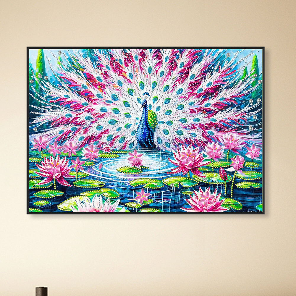 Diamond Painting - Partial Special Shaped - Peacock In Lotus Pond (40*30CM)