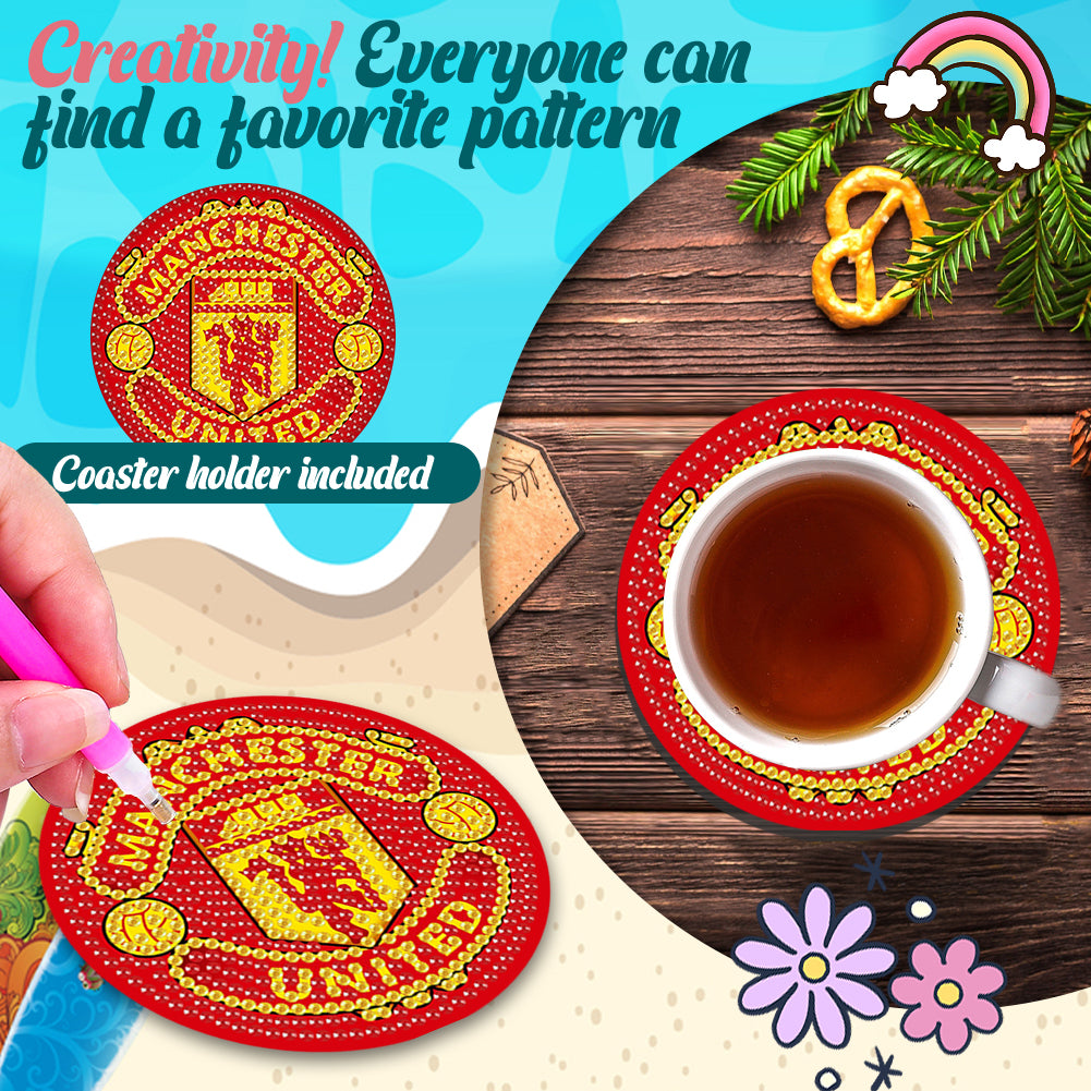 6Pcs Wooden Football Club DIY Diamond Art Coaster Crafts with Rack for Beginners