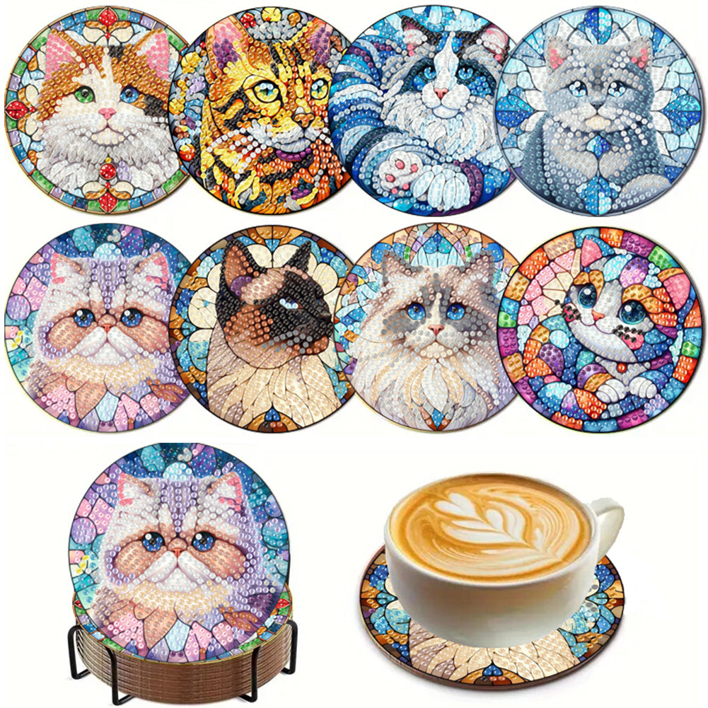 8Pcs Wooden Cats 5D Diamond Painting Kits Shining Drink Coasters for Party Decor