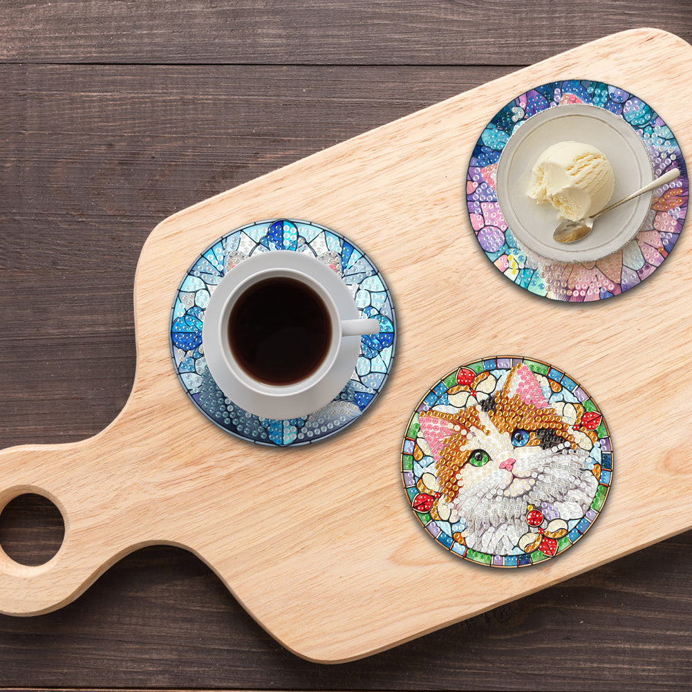 8Pcs Wooden Cats 5D Diamond Painting Kits Shining Drink Coasters for Party Decor