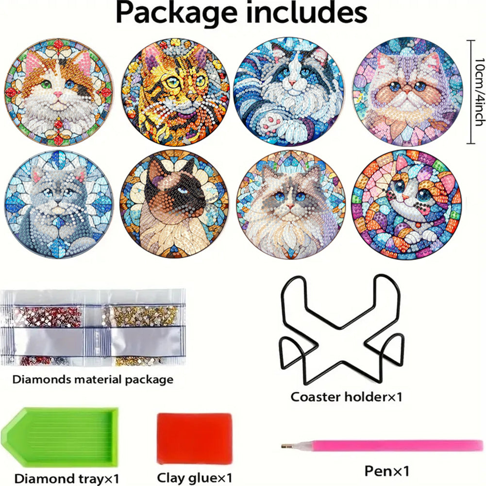 8Pcs Wooden Cats 5D Diamond Painting Kits Shining Drink Coasters for Party Decor