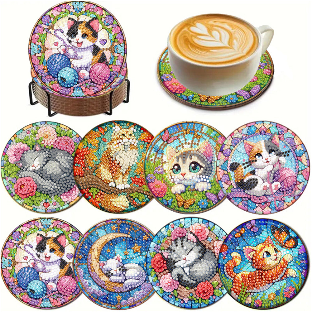 8Pcs Wooden Cats 5D Diamond Painting Kits Shining Drink Coasters for Party Decor
