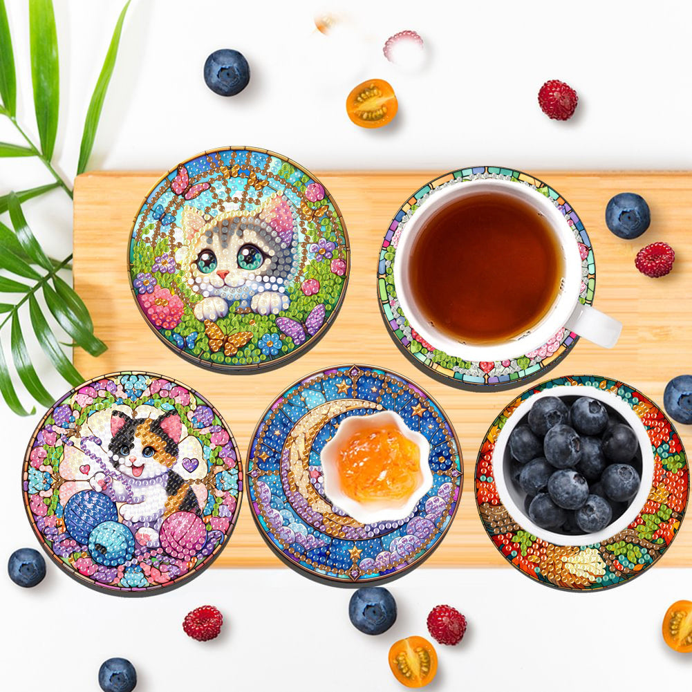8Pcs Wooden Cats 5D Diamond Painting Kits Shining Drink Coasters for Party Decor