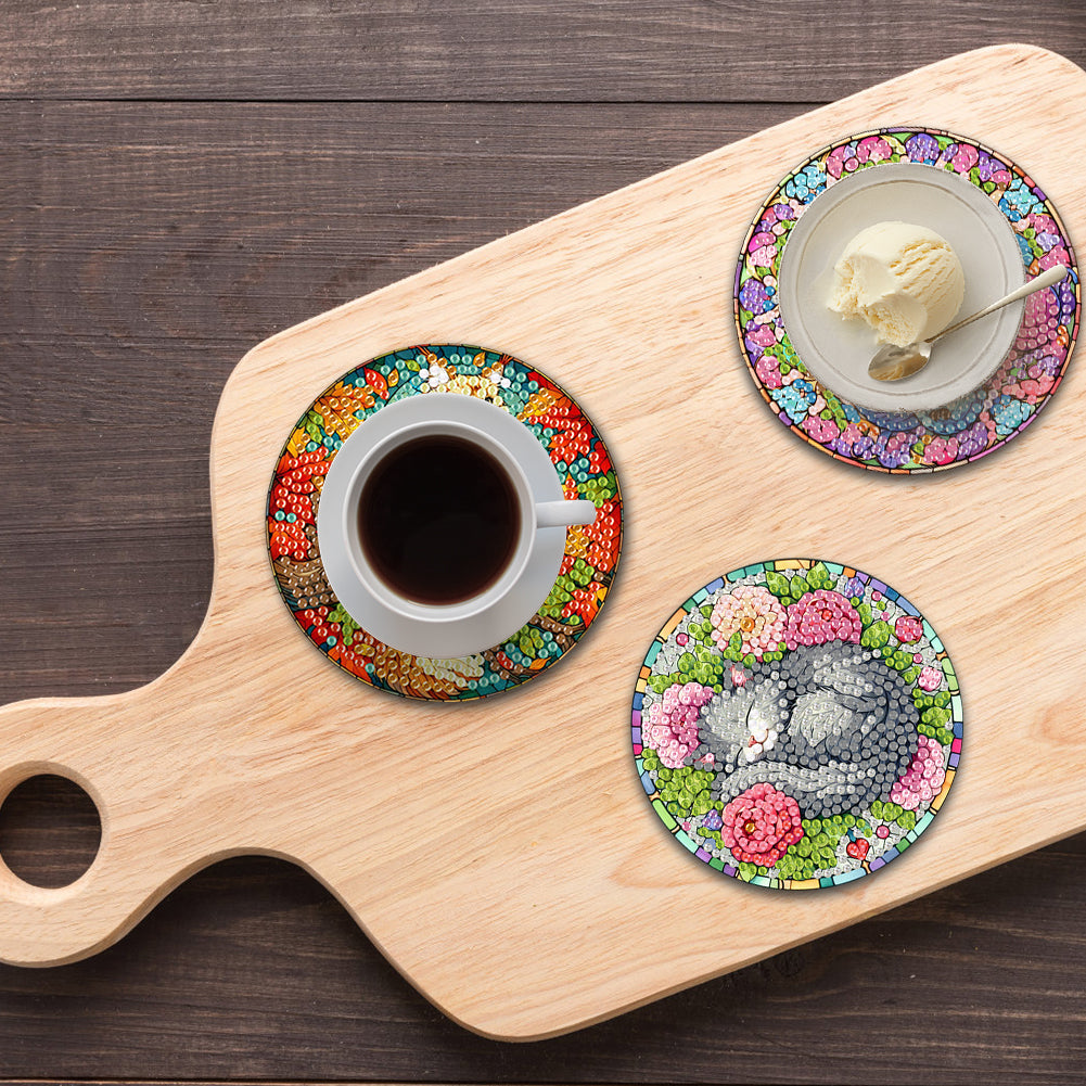 8Pcs Wooden Cats 5D Diamond Painting Kits Shining Drink Coasters for Party Decor