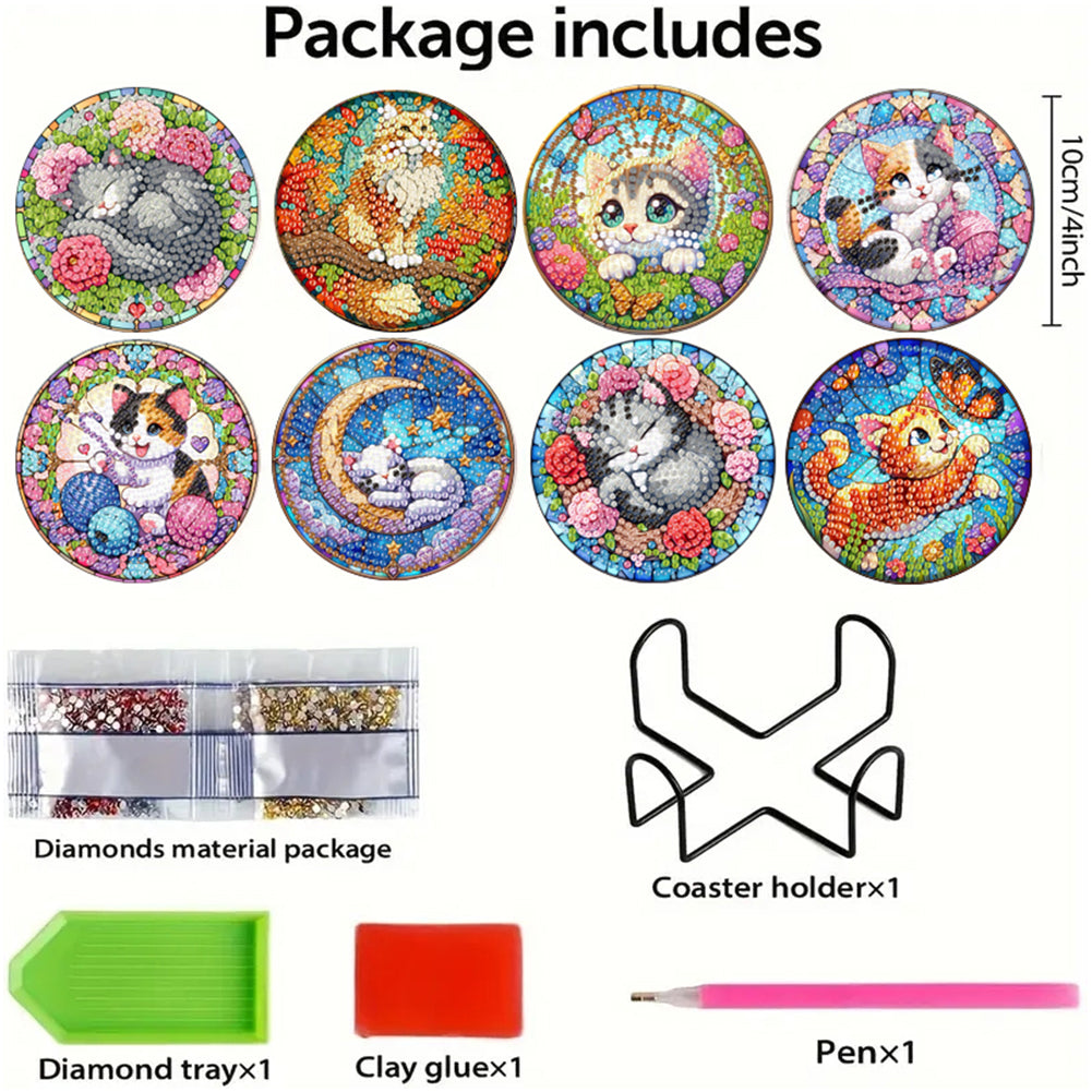 8Pcs Wooden Cats 5D Diamond Painting Kits Shining Drink Coasters for Party Decor