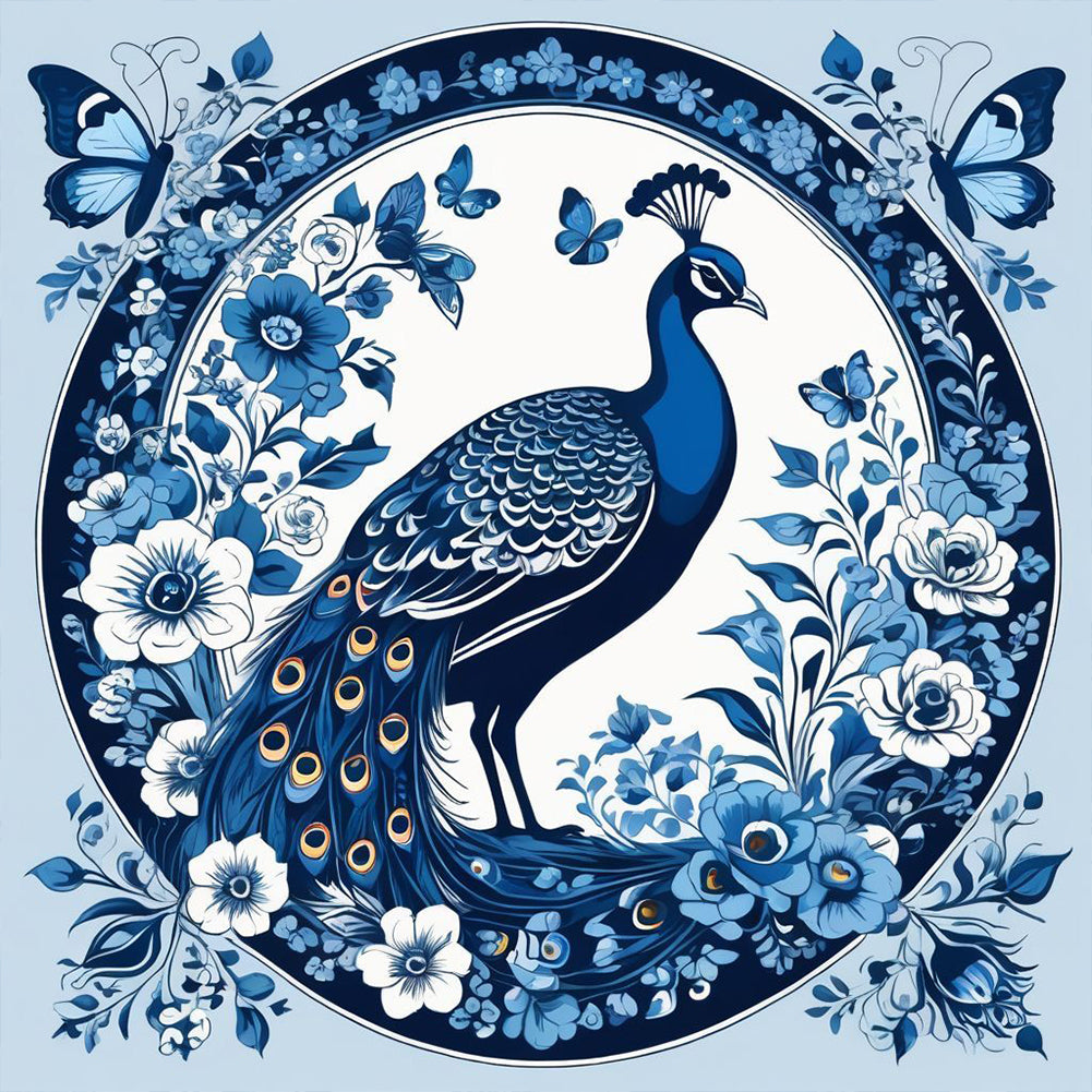 Diamond Painting - Full Round - Blue And White Porcelain Style Peacock (40*40CM)