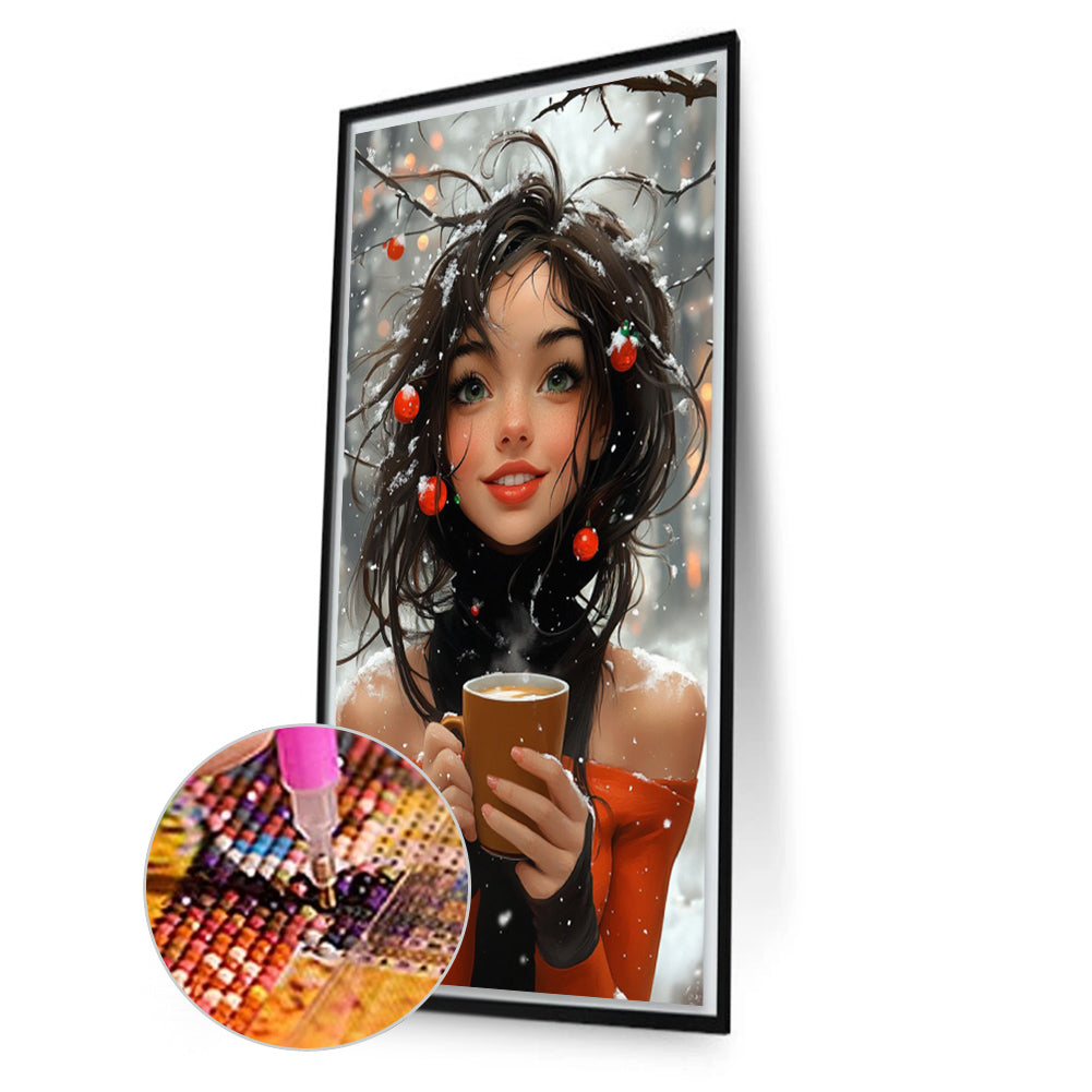 AB Diamond Painting - Full Round - Girl Drinking Coffee In The Snow (40*70CM)