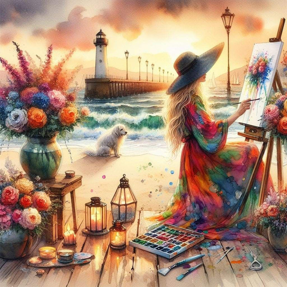 Diamond Painting - Full Round - Painting Girl By The Sea (40*40CM)