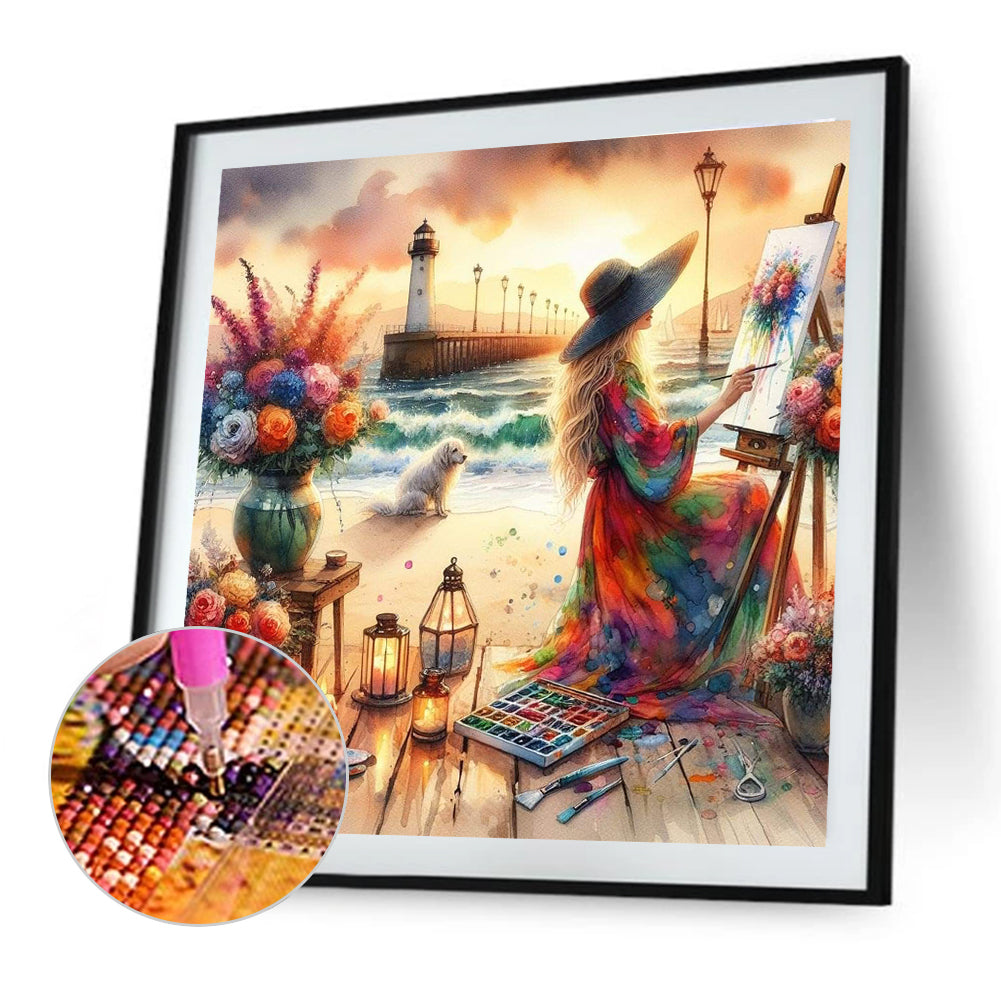 Diamond Painting - Full Round - Painting Girl By The Sea (40*40CM)