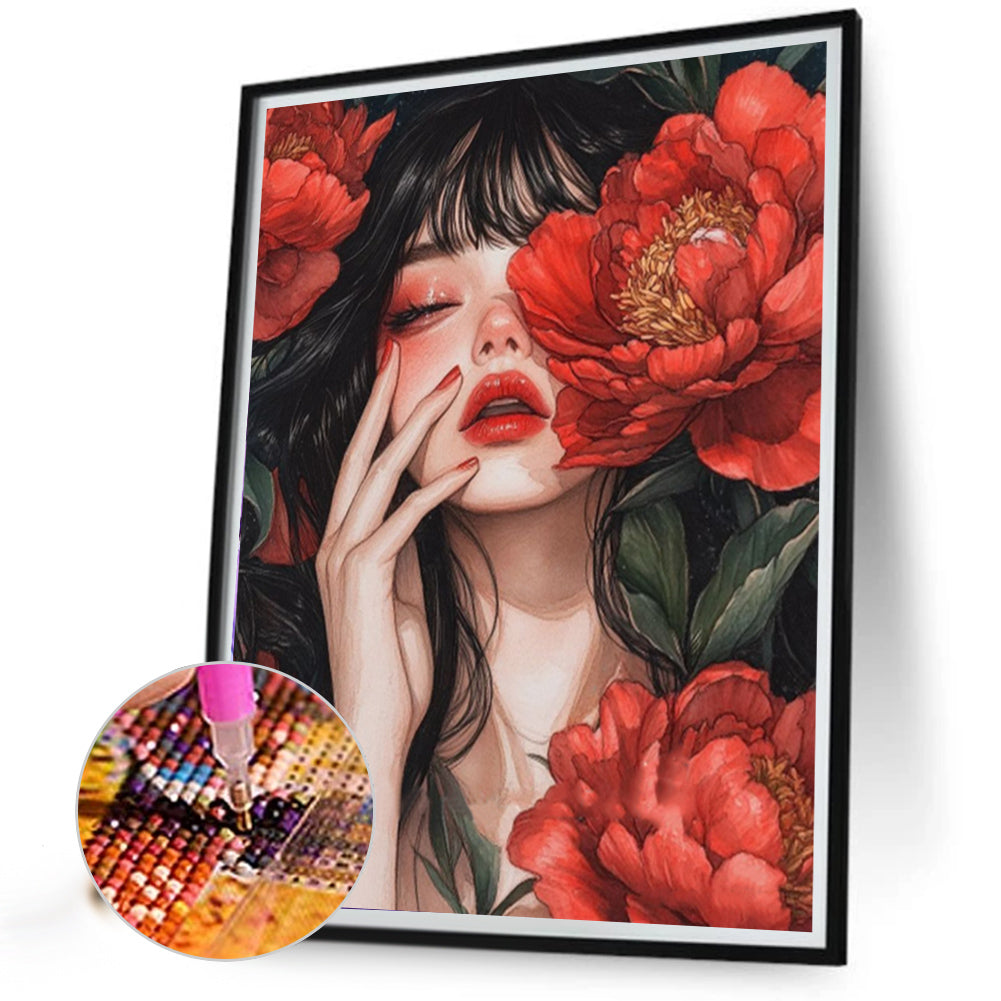 AB Diamond Painting - Full Round - Brunette Girl With Flowers (40*50CM)