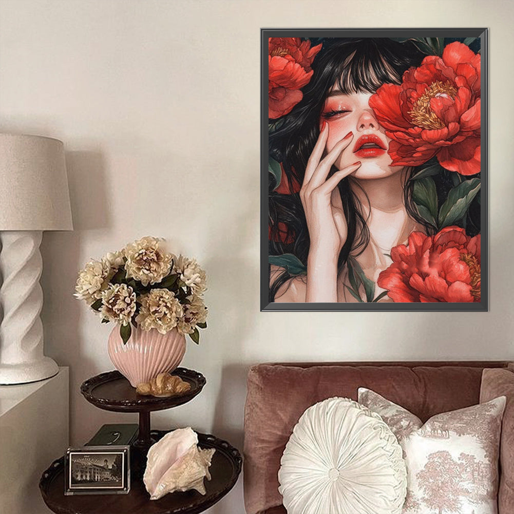 AB Diamond Painting - Full Round - Brunette Girl With Flowers (40*50CM)