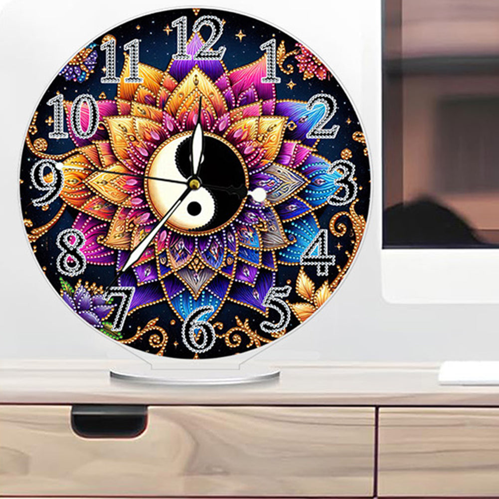 Acrylic Special Shape Yin Yang Lotus 5D Diamond Painting Clock Art Craft