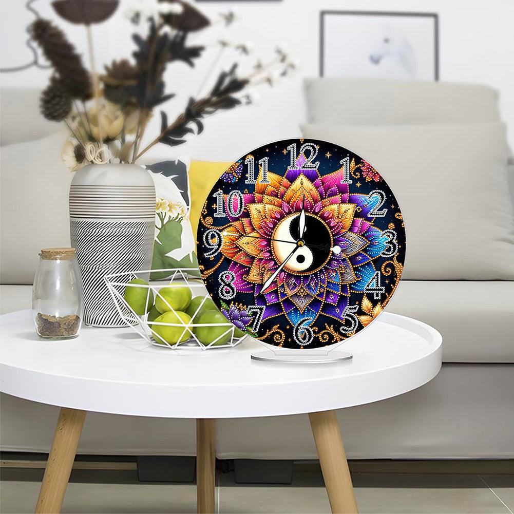 Acrylic Special Shape Yin Yang Lotus 5D Diamond Painting Clock Art Craft